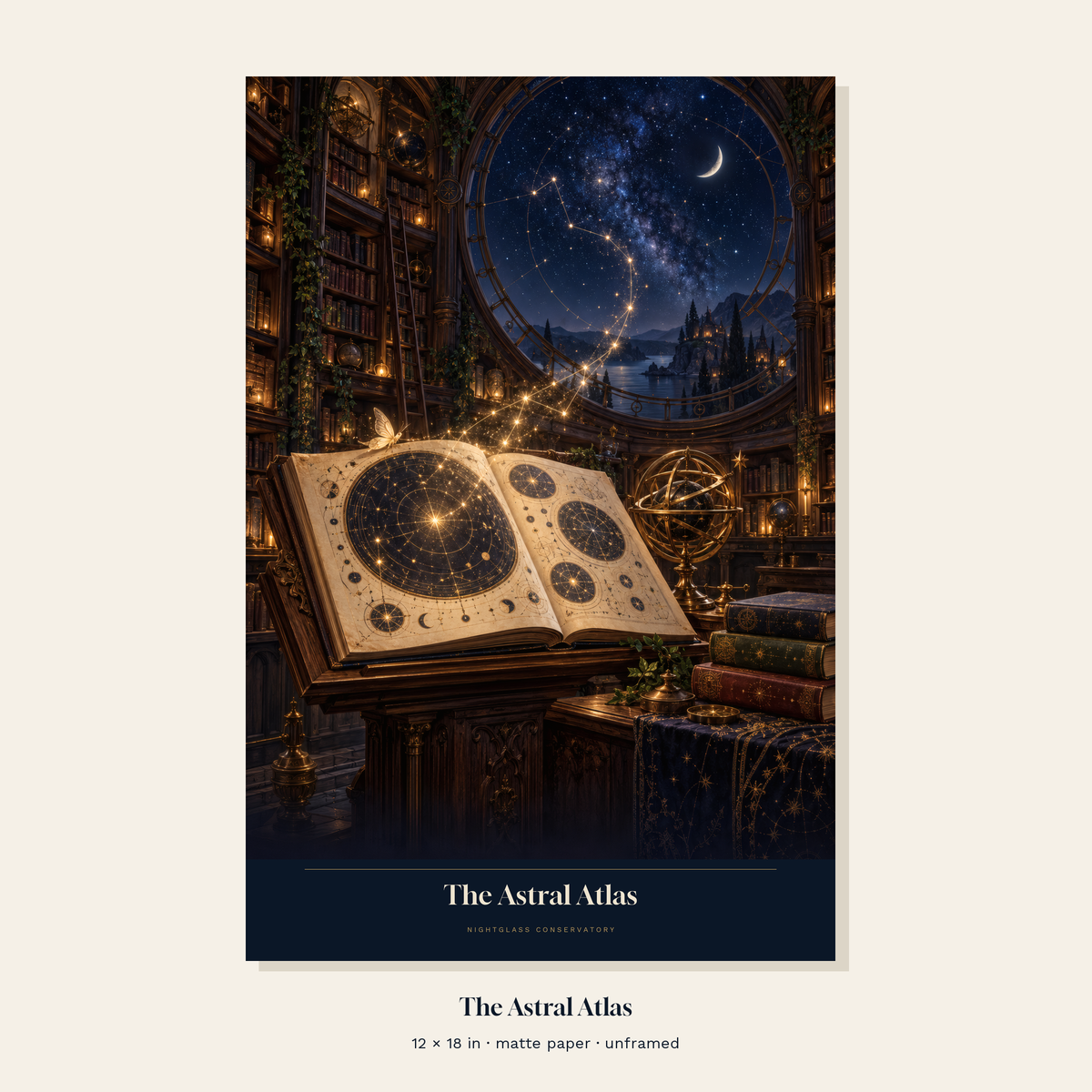 The Astral Atlas original bookish fantasy poster, 12 × 18 inches, unframed.
