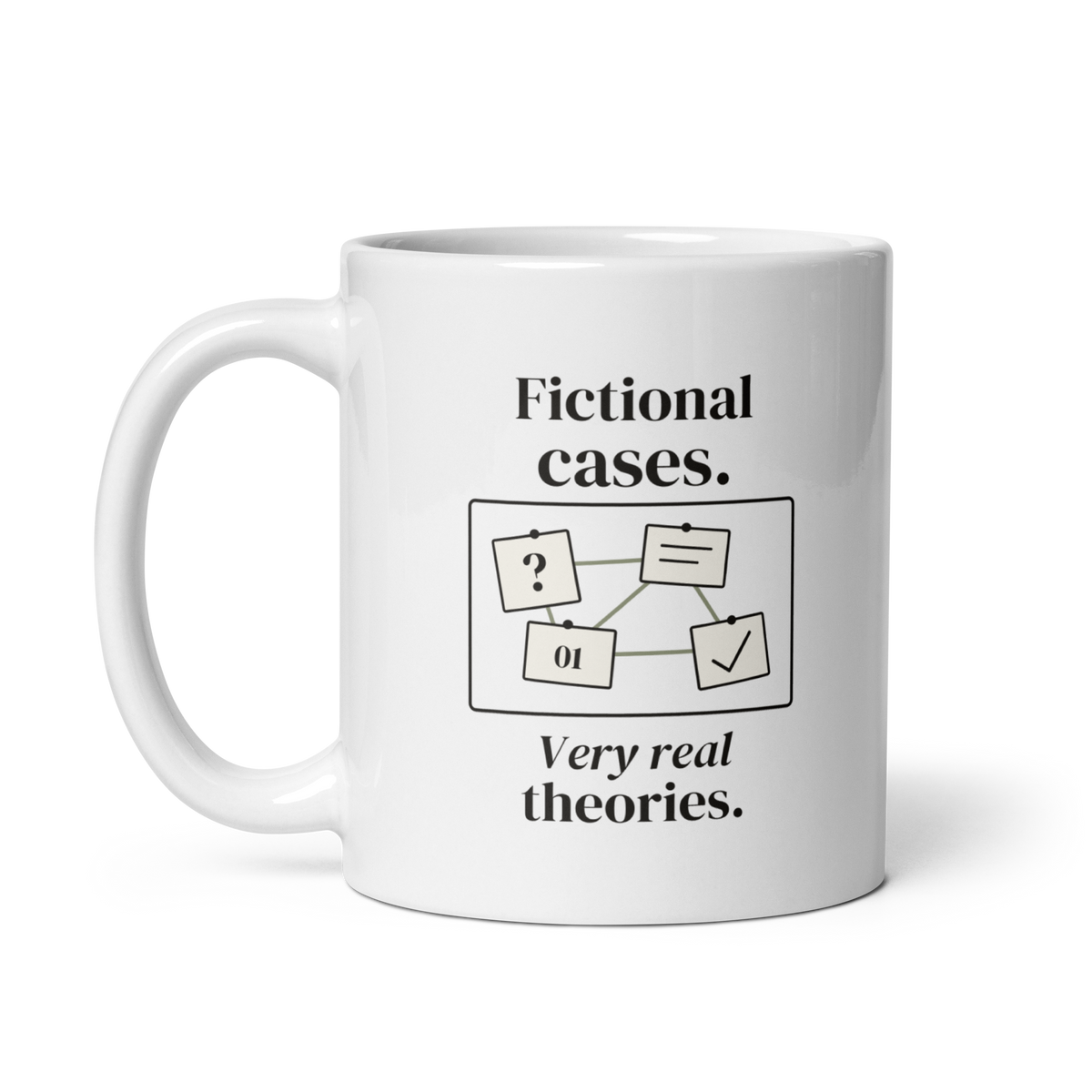 White 11 oz mug with handle on the left, showing Fictional cases. Very real theories lettering and a connected-notes board. Supplier-generated mockup; not a physical sample.