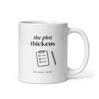 White 11 oz mug with handle on the right, showing The plot thickens lettering with a clipboard, pencil and One more theory caption. Supplier-generated mockup; not a physical sample.