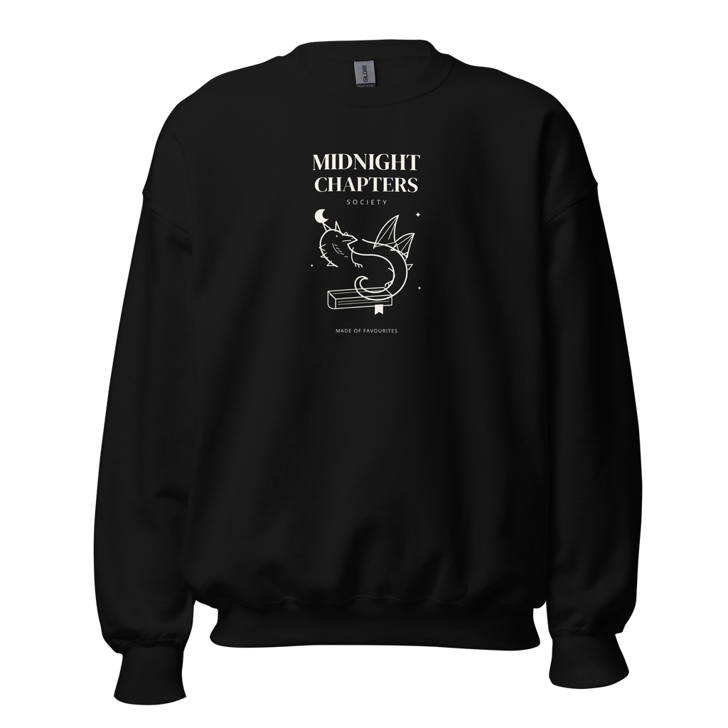 Front of black Midnight Chapters Society crewneck with cream lettering and a dragon resting on a book. Supplier-generated mockup; not a physical sample.