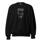 Front of black Midnight Chapters Society crewneck with cream lettering and a dragon resting on a book. Supplier-generated mockup; not a physical sample.