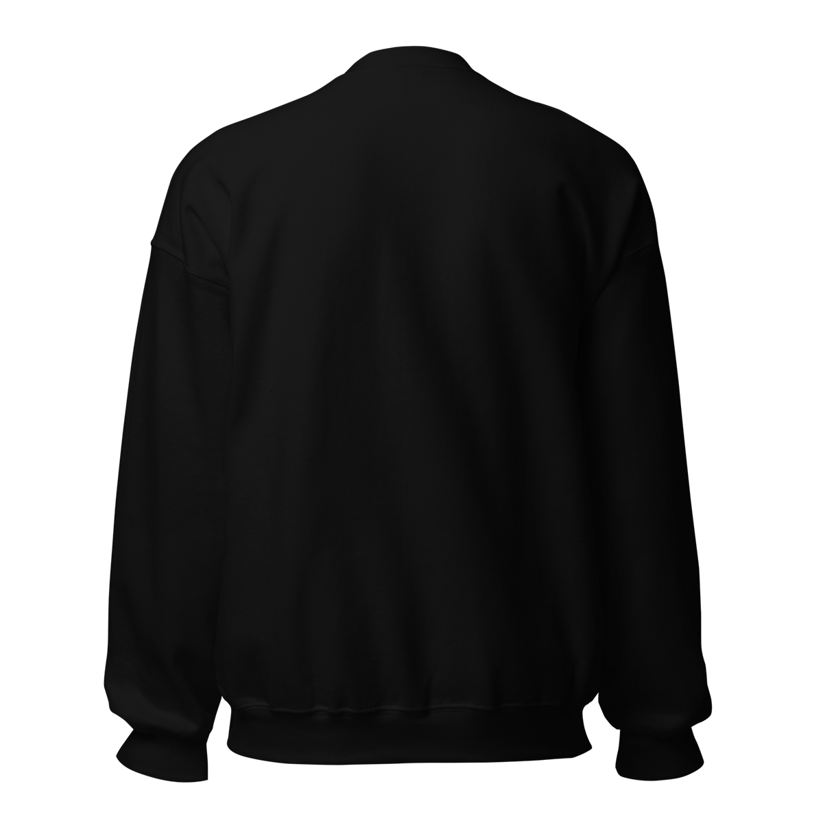 Plain black back of Midnight Chapters Society crewneck. Supplier-generated mockup; not a physical sample.
