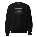 Front of black Night Rounds, Sofa Edition crewneck with cream lettering and a sofa, remote, mug and fictional chart. Supplier-generated mockup; not a physical sample.