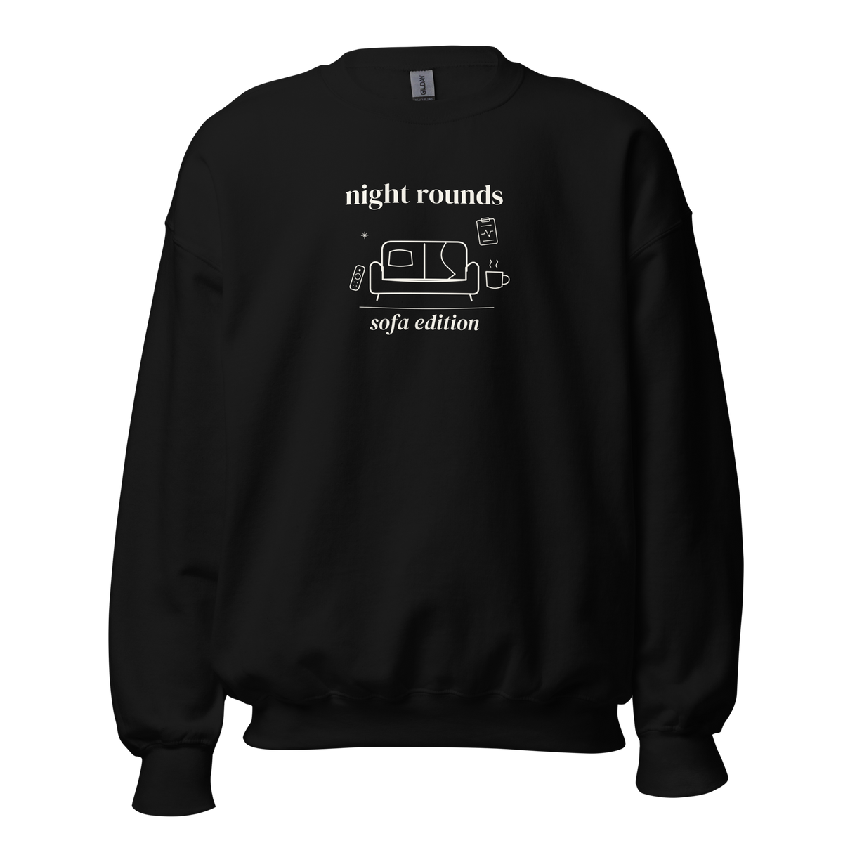 Front of black Night Rounds, Sofa Edition crewneck with cream lettering and a sofa, remote, mug and fictional chart. Supplier-generated mockup; not a physical sample.