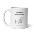 White 11 oz mug with handle on the left, showing Pages first. Popcorn later lettering with a book and popcorn. Supplier-generated mockup; not a physical sample.