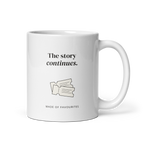 White 11 oz mug with handle on the right, showing The story continues lettering with two admission tickets. Supplier-generated mockup; not a physical sample.