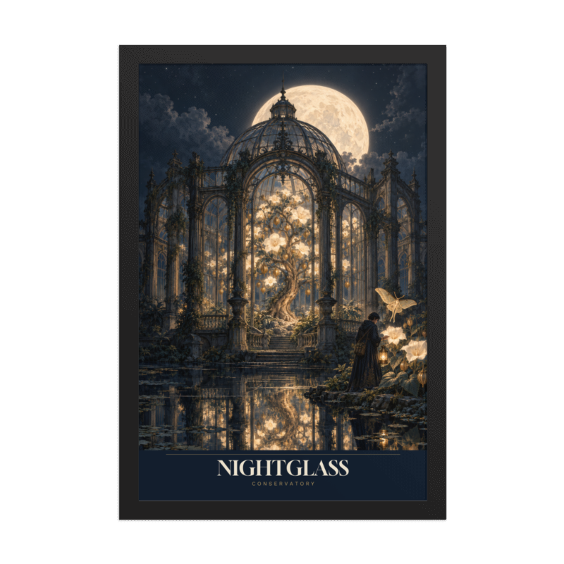 Digital Printful mockup of Moonlit Glasshouse in a black 12 by 18 inch frame.