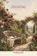 An original rose-covered reading garden and wooden bench beneath Jane Austen’s no enjoyment like reading quotation — artwork detail