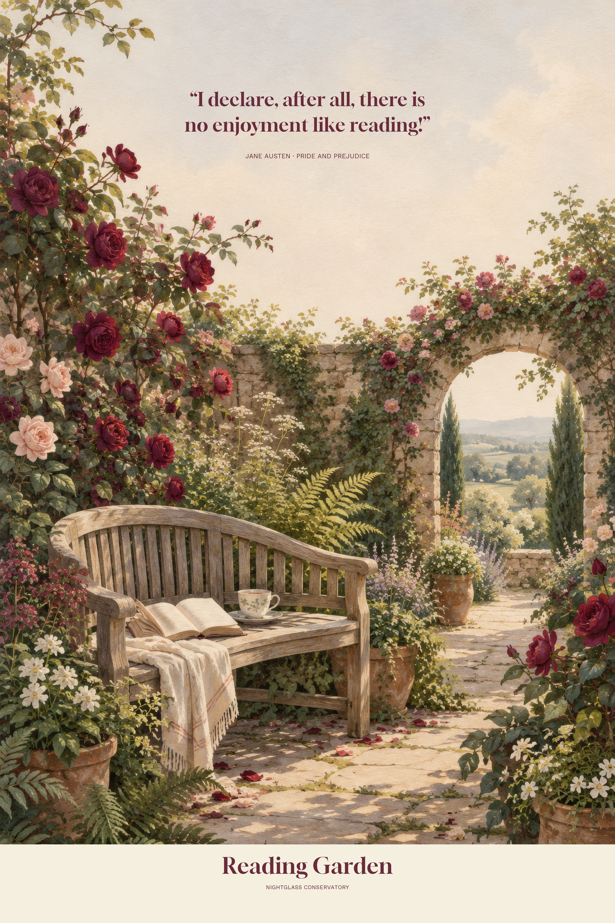 An original rose-covered reading garden and wooden bench beneath Jane Austen’s no enjoyment like reading quotation — artwork detail