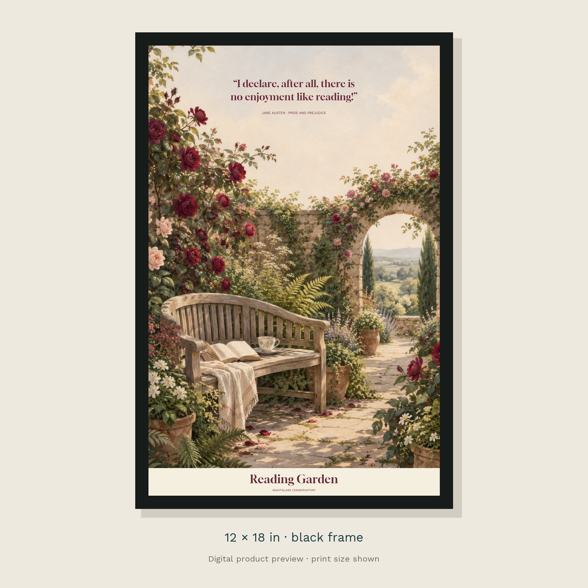An original rose-covered reading garden and wooden bench beneath Jane Austen’s no enjoyment like reading quotation — black framed 12 × 18 inch product preview