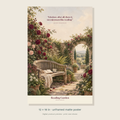 An original rose-covered reading garden and wooden bench beneath Jane Austen’s no enjoyment like reading quotation — unframed 12 × 18 inch product preview