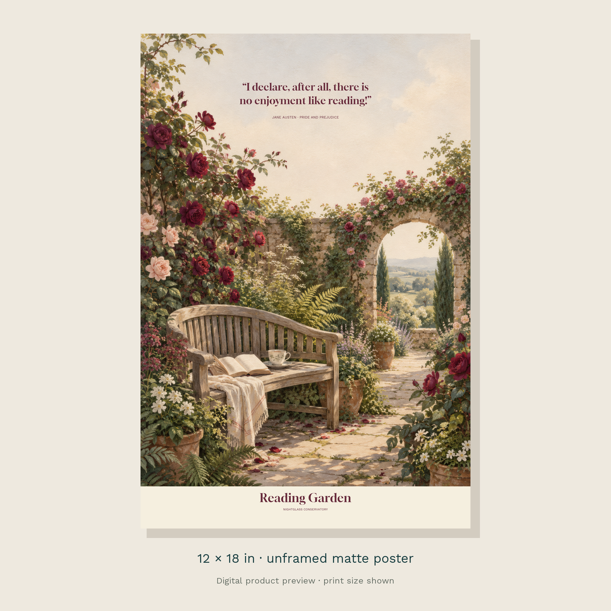 An original rose-covered reading garden and wooden bench beneath Jane Austen’s no enjoyment like reading quotation — unframed 12 × 18 inch product preview