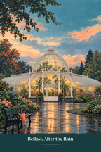 A warmly lit glasshouse beside a wet garden path, trees and a coral umbrella, with Belfast After the Rain lettering — artwork detail