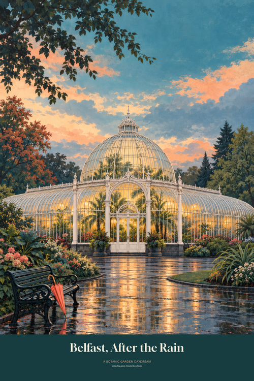 A warmly lit glasshouse beside a wet garden path, trees and a coral umbrella, with Belfast After the Rain lettering — artwork detail
