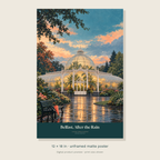 A warmly lit glasshouse beside a wet garden path, trees and a coral umbrella, with Belfast After the Rain lettering — unframed 12 × 18 inch product preview