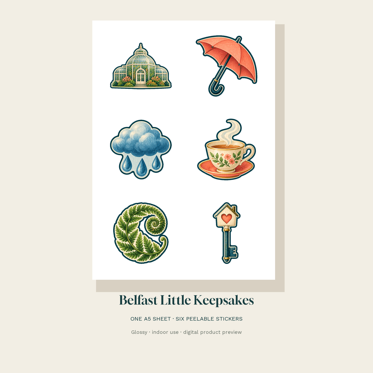 Six Belfast-inspired keepsakes on one white A5 sheet: glasshouse, umbrella, rain cloud, teacup, fern and house key — digital product preview