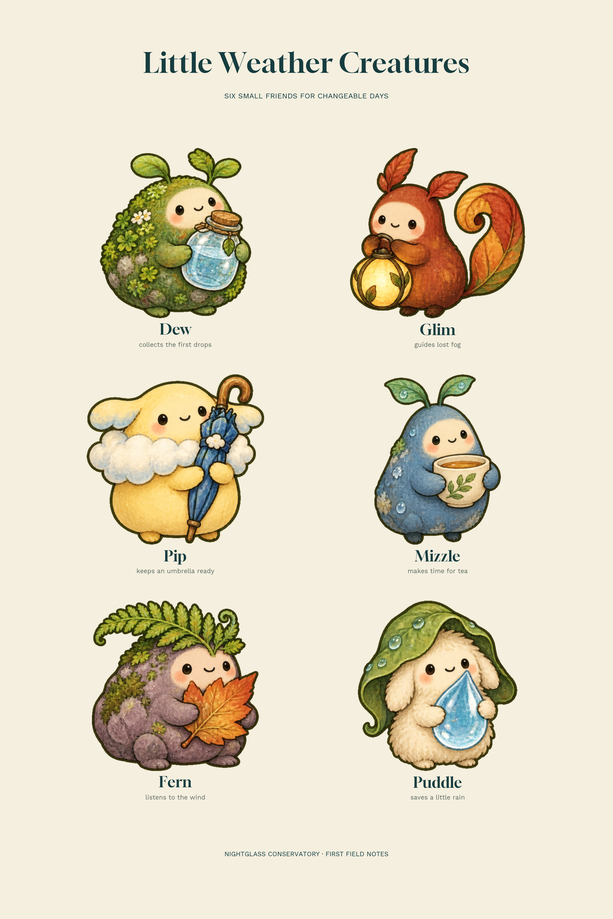 Six original weather-tending creatures on an ivory field-guide layout, each with its name and a short personality note — artwork detail
