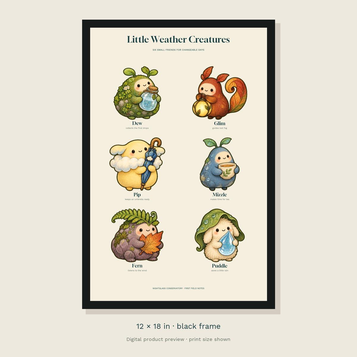 Six original weather-tending creatures on an ivory field-guide layout, each with its name and a short personality note — black framed 12 × 18 inch product preview