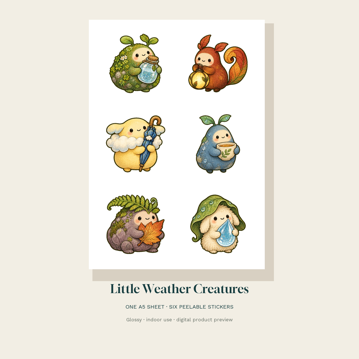 Six original weather creatures arranged on one white A5 sticker sheet — digital product preview