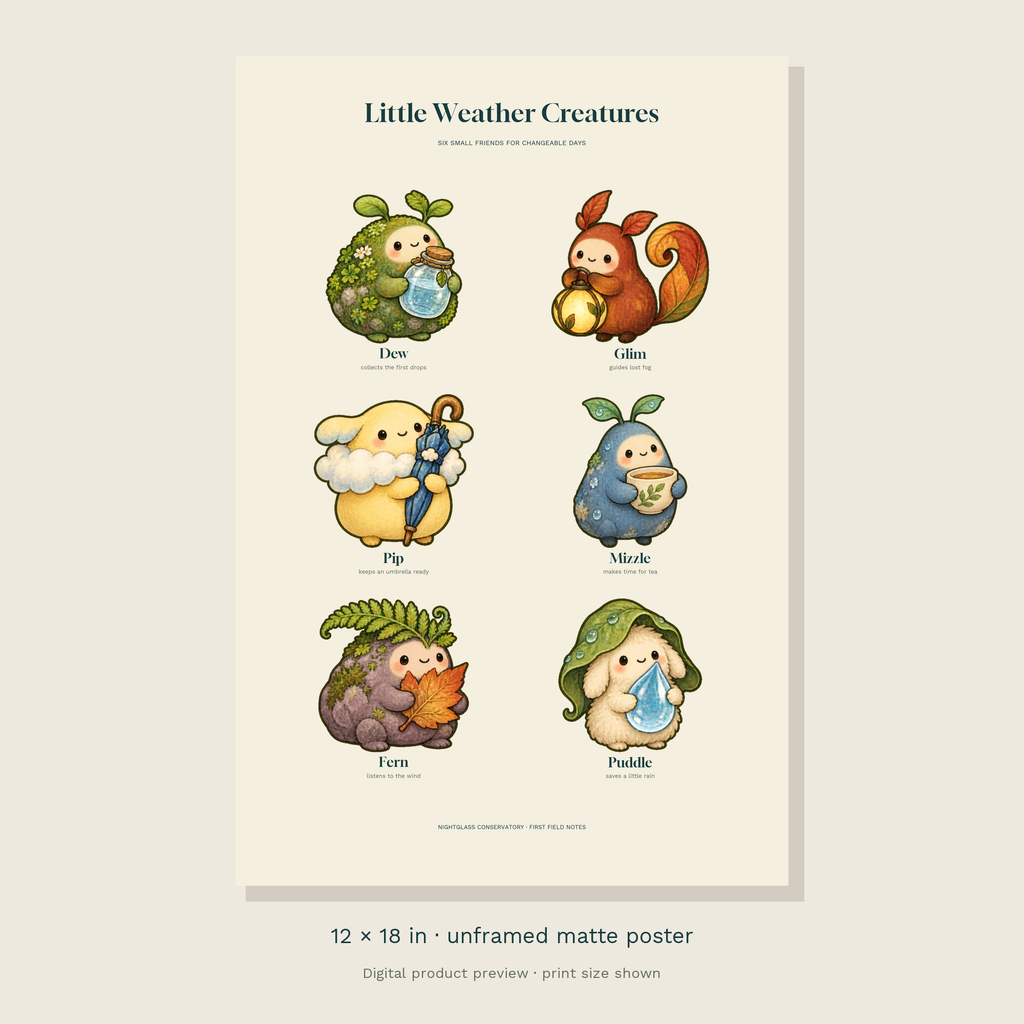 Six original weather-tending creatures on an ivory field-guide layout, each with its name and a short personality note — unframed 12 × 18 inch product preview