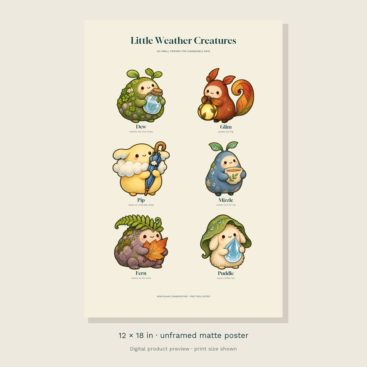 Six original weather-tending creatures on an ivory field-guide layout, each with its name and a short personality note — unframed 12 × 18 inch product preview