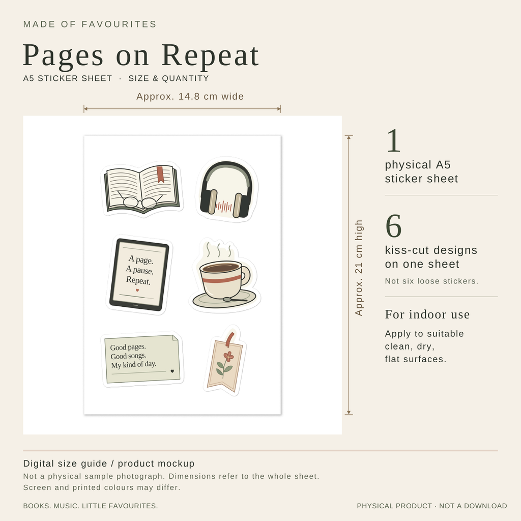 Digital size guide: one A5 sheet approximately 14.8 by 21 cm with six book-and-music kiss-cut designs. Indoor use. Not a physical sample photograph.