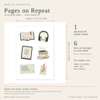 Digital size guide: one A5 sheet approximately 14.8 by 21 cm with six book-and-music kiss-cut designs. Indoor use. Not a physical sample photograph.