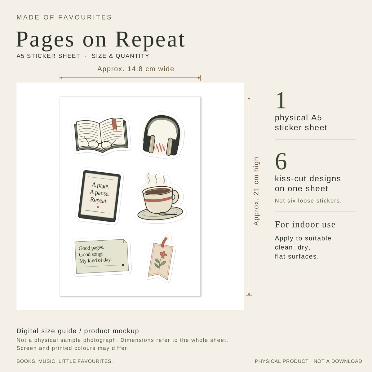 Digital size guide: one A5 sheet approximately 14.8 by 21 cm with six book-and-music kiss-cut designs. Indoor use. Not a physical sample photograph.
