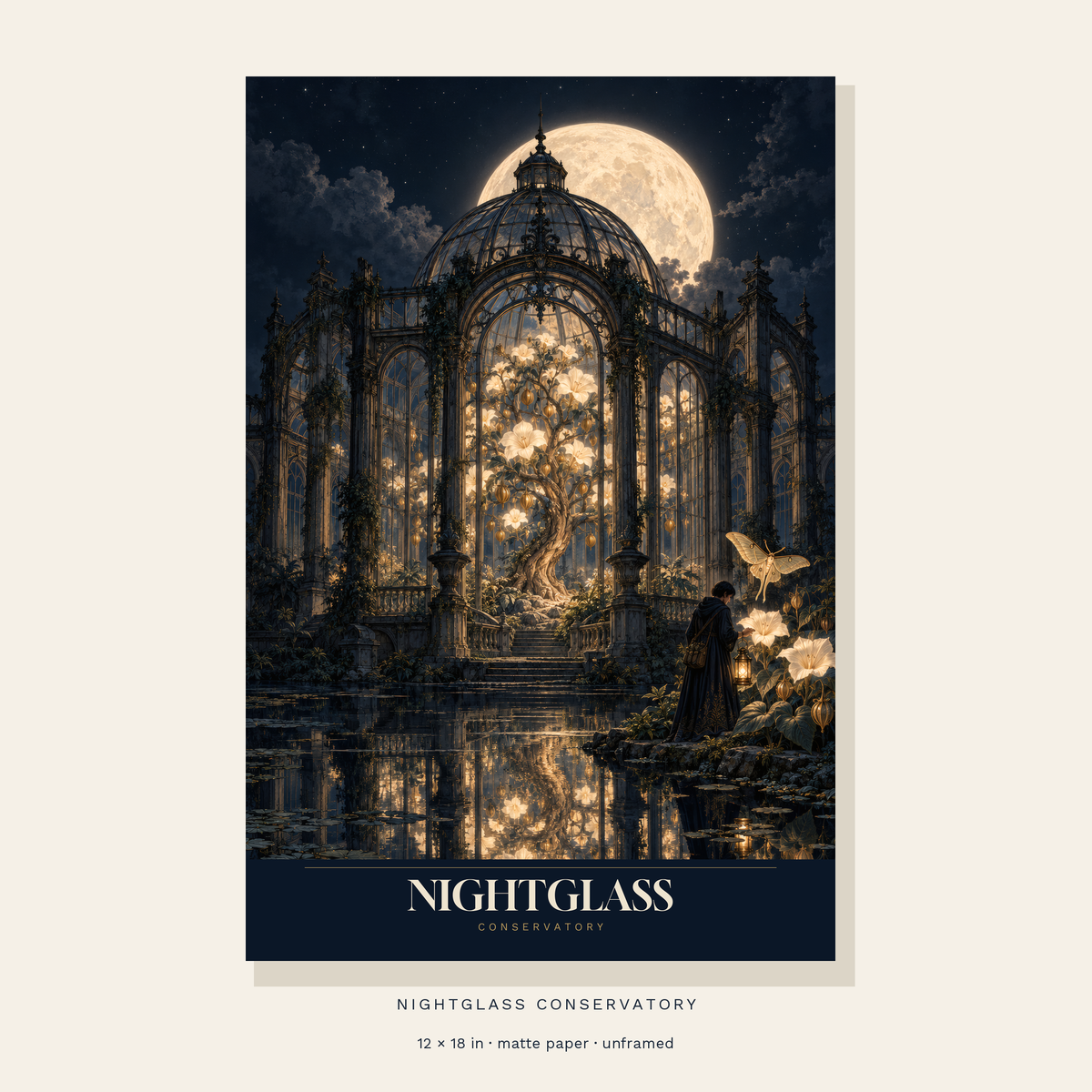 Nightglass Conservatory original moonlit glasshouse poster, unframed.