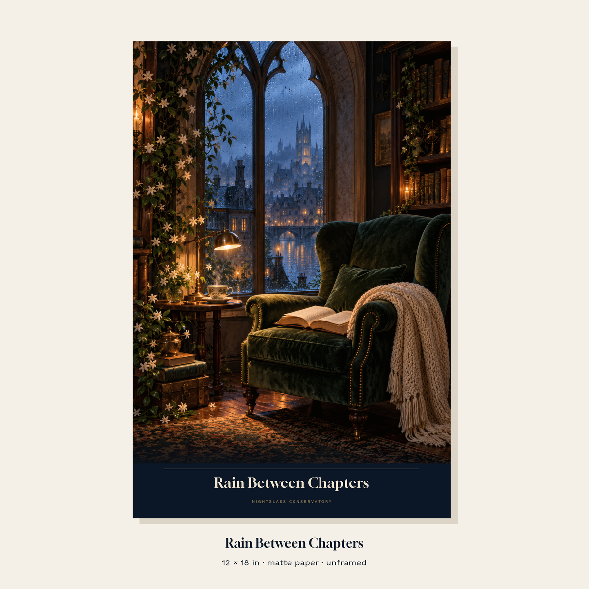Rain Between Chapters original bookish fantasy poster, 12 × 18 inches, unframed.