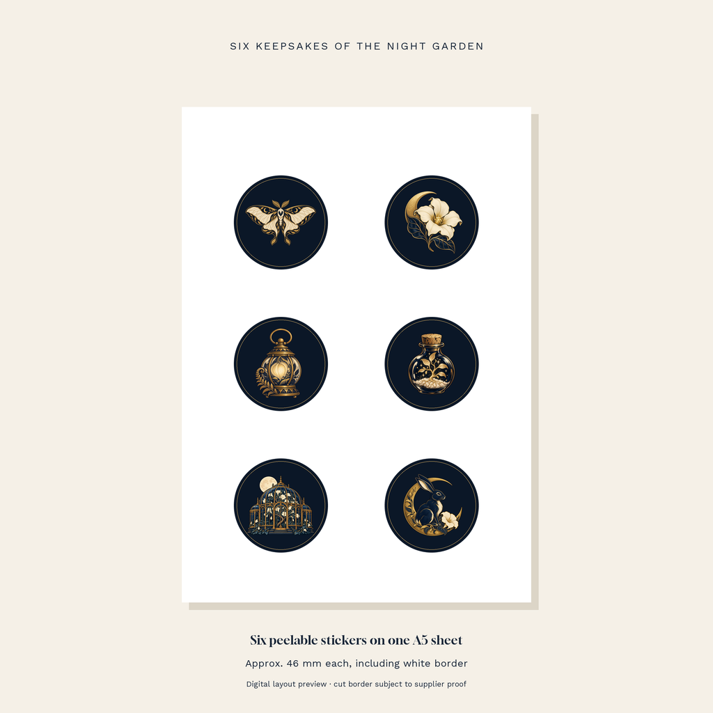 A5 sheet containing six navy and gold circular fantasy stickers.