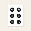 A5 sheet containing six navy and gold circular fantasy stickers.