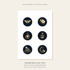 A5 sheet containing six navy and gold circular fantasy stickers.