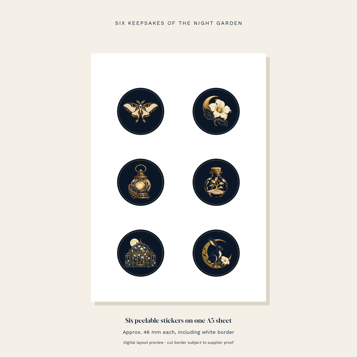 A5 sheet containing six navy and gold circular fantasy stickers.